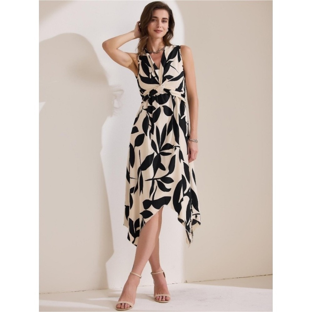 Allegra K Sleeveless V Neck Leaf Print‎ Asymmetrical Hem Midi Dress Medium NWT - Picture 2 of 11